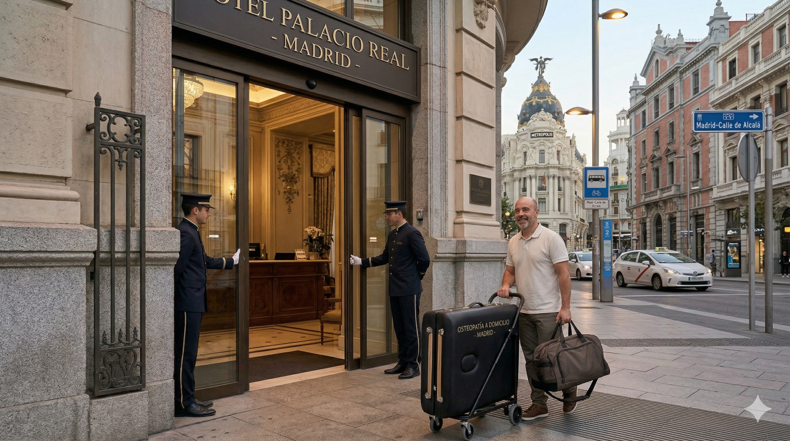 Osteópata a domicilio llegando a la entrada del Hotel Palacio Real en Madrid con su camilla portátil para dar un masaje.
