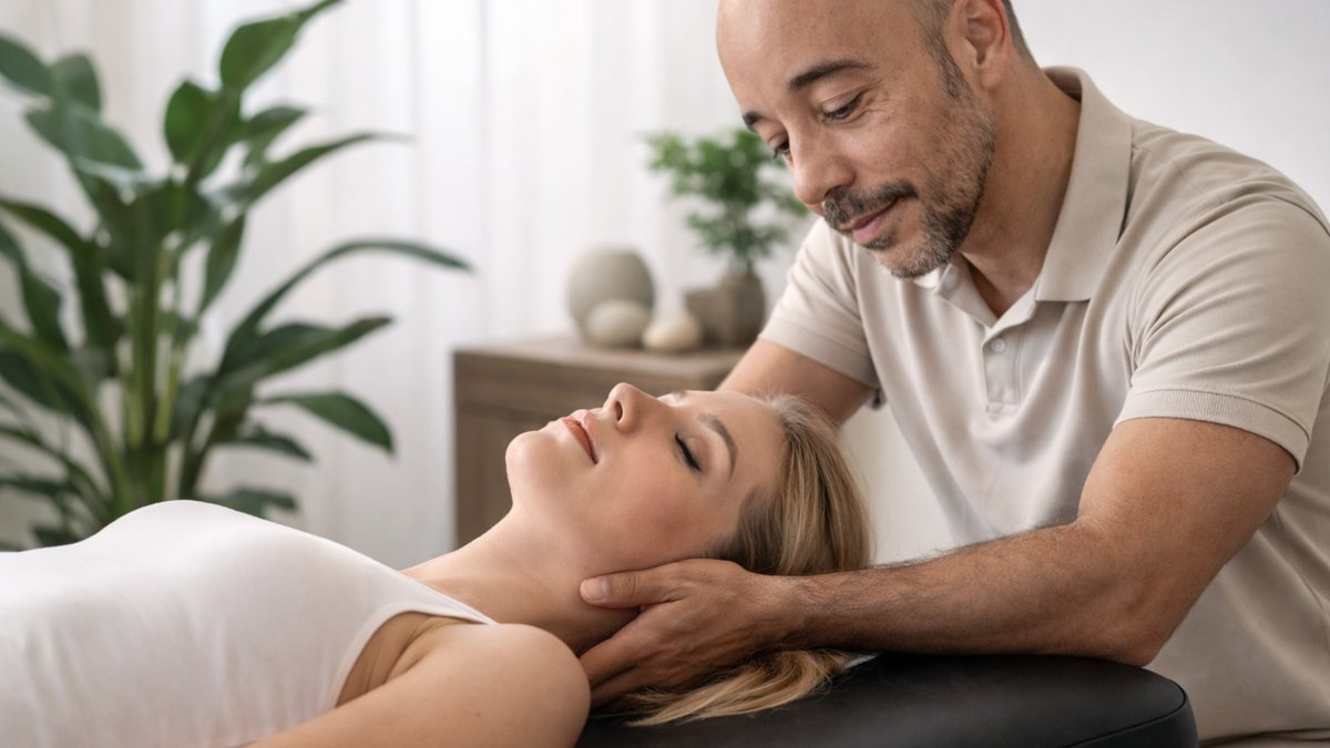 osteópata a domicilio en Madrid realizando técnica de osteopatía cervical a paciente
