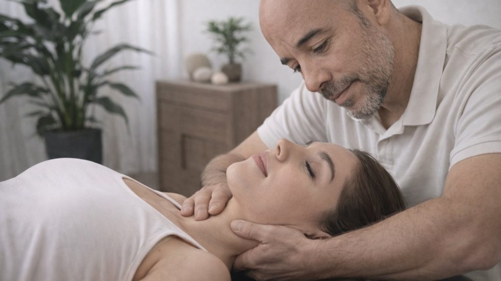 osteópata tratando dolor cervical a domicilio en Madrid mediante técnica osteopática