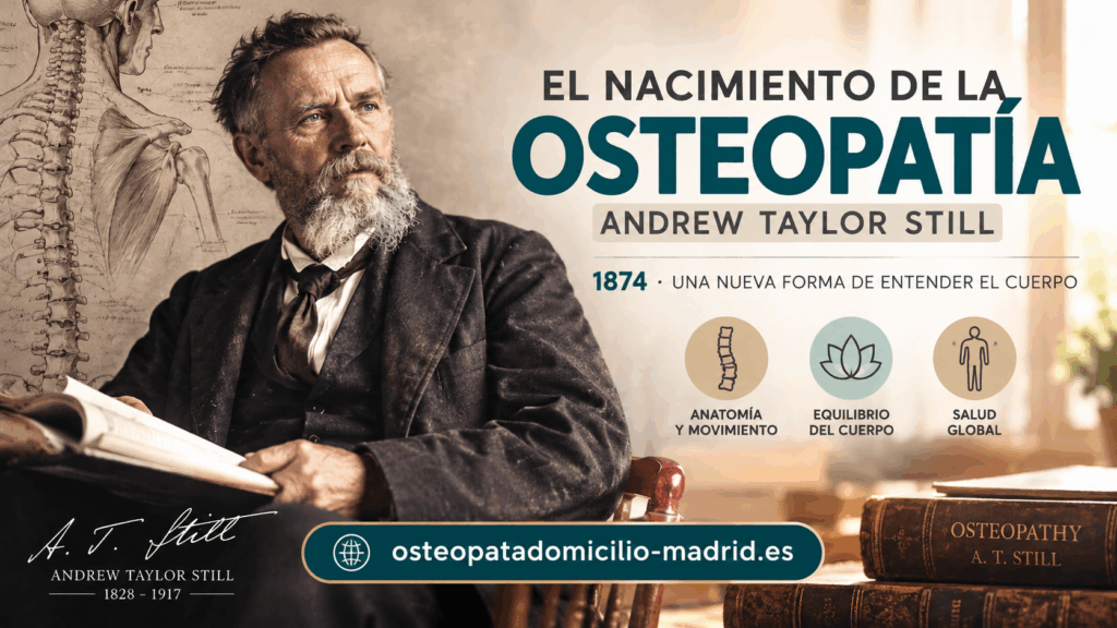 Retrato de Andrew Taylor Still, fundador de la osteopatía en 1874, junto a ilustraciones anatómicas históricas.