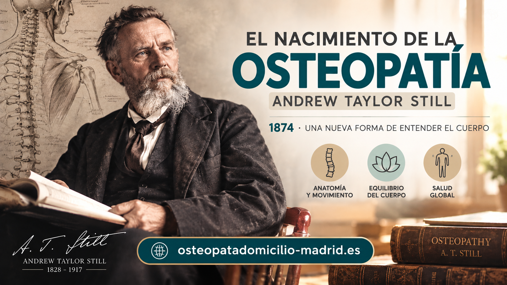 Retrato de Andrew Taylor Still, fundador de la osteopatía en 1874, junto a ilustraciones anatómicas históricas.